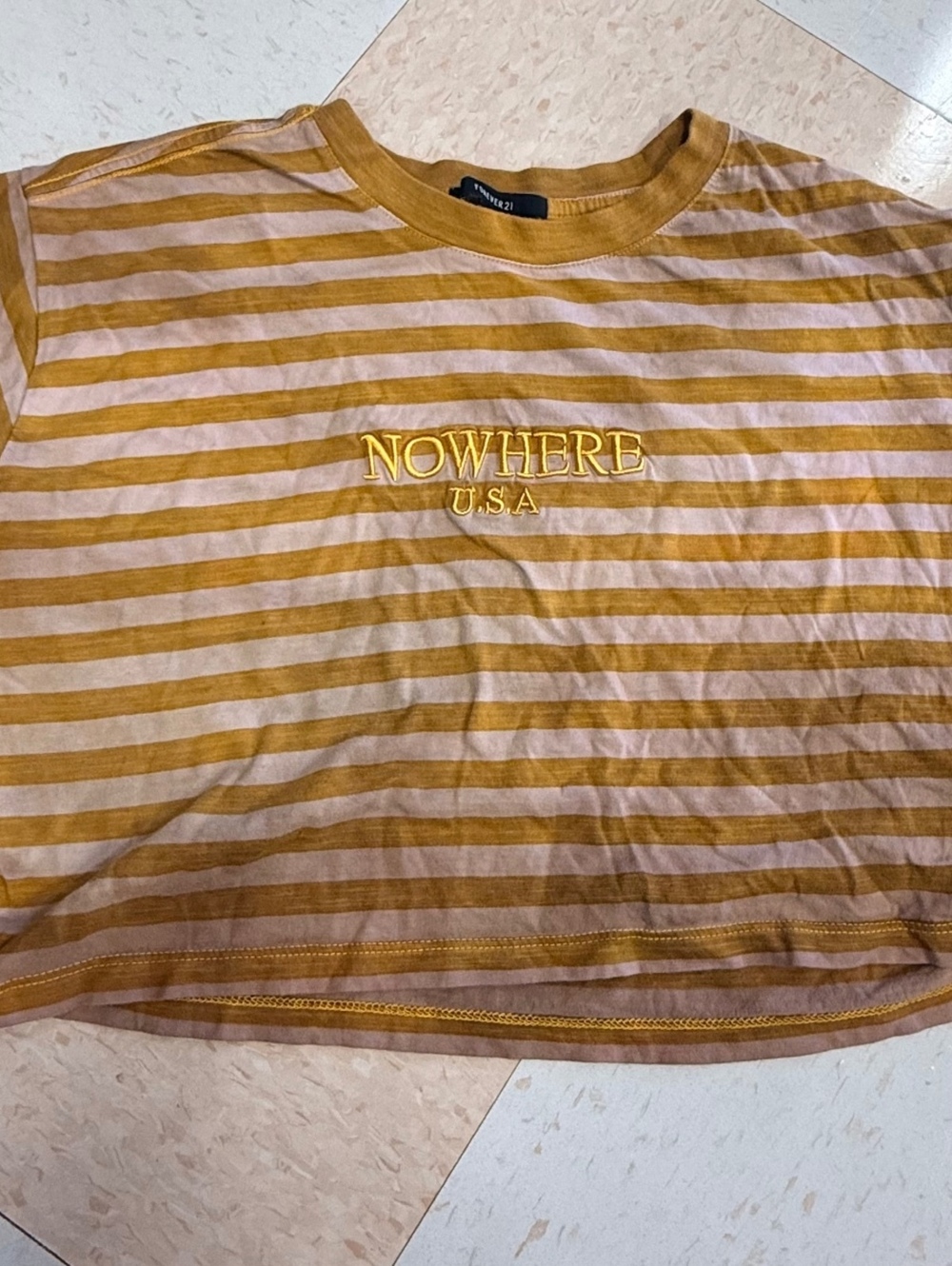 Forever 21 “Nowhere USA” Mustard embroidered Yellow Striped Crop T-Shirt